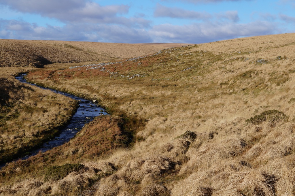 The upper Erme valley on a sunny day. The river curves between hills. On the right bank of the river are the stone outlines of an ancient settlement.